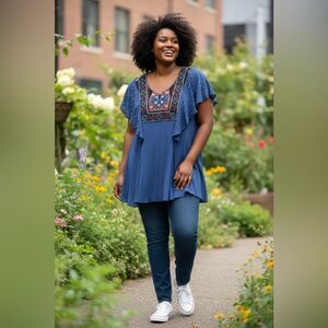 EUC V Christina Women’s Blue Embroidered Bead Detail Short Sleeve Tunic Top-  L